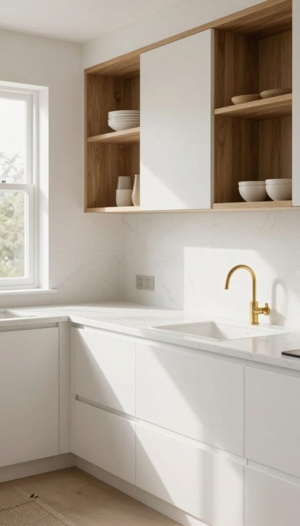 Bright kitchen with white dolomite honed countertops, warm wood accents, brushed brass hardware, and natural light.