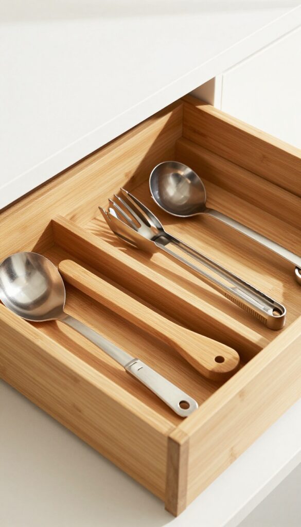 Custom bamboo drawer organizers in a modern kitchen