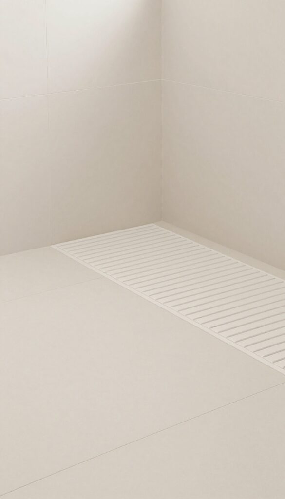 A minimalist walk-in tile shower with a horizontal linear drain and large-format floor tiles in bright natural light.