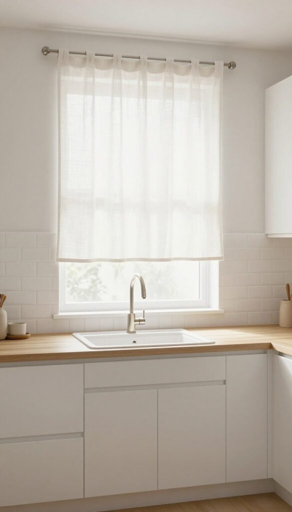 Linen panels above kitchen sink adding soft texture and natural light