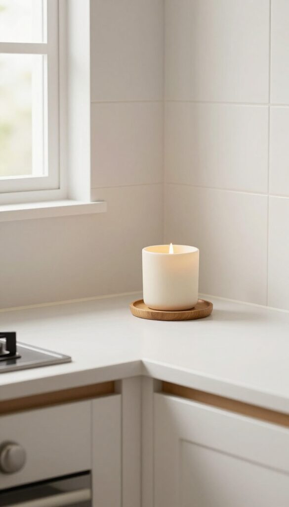 A single candle in a ceramic holder on a kitchen counter corner