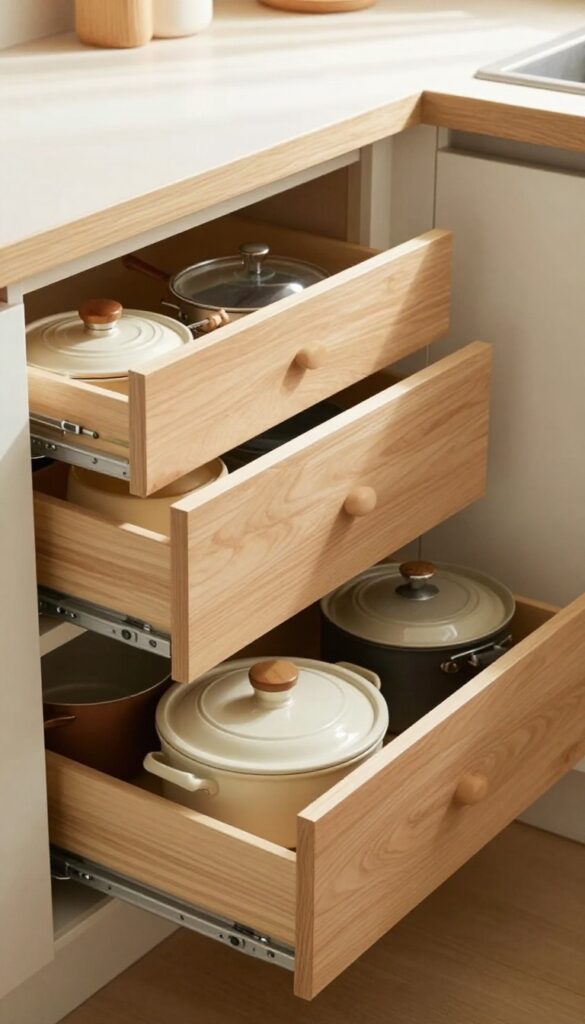 Full-extension corner drawers open in a small kitchen, showing organized pots and pans with warm wood fronts and natural light.