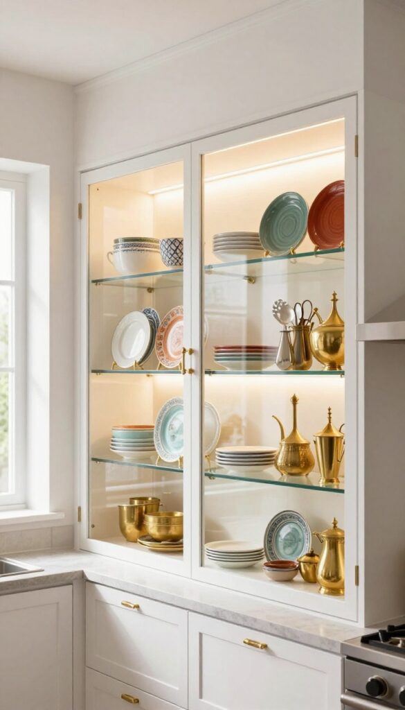 Modern Indian kitchen with illuminated glass-front upper cabinets displaying colorful ceramic and brass utensils.