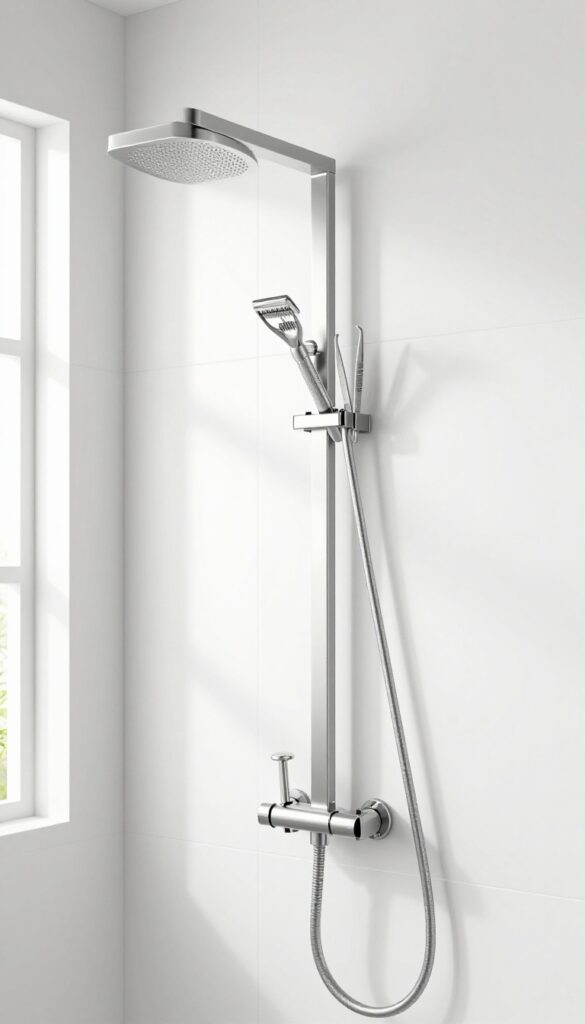 A stainless steel magnetic strip mounted on a white tiled shower wall, holding metal accessories like a razor and tweezers, with bright natural lighting and a clean, modern aesthetic.