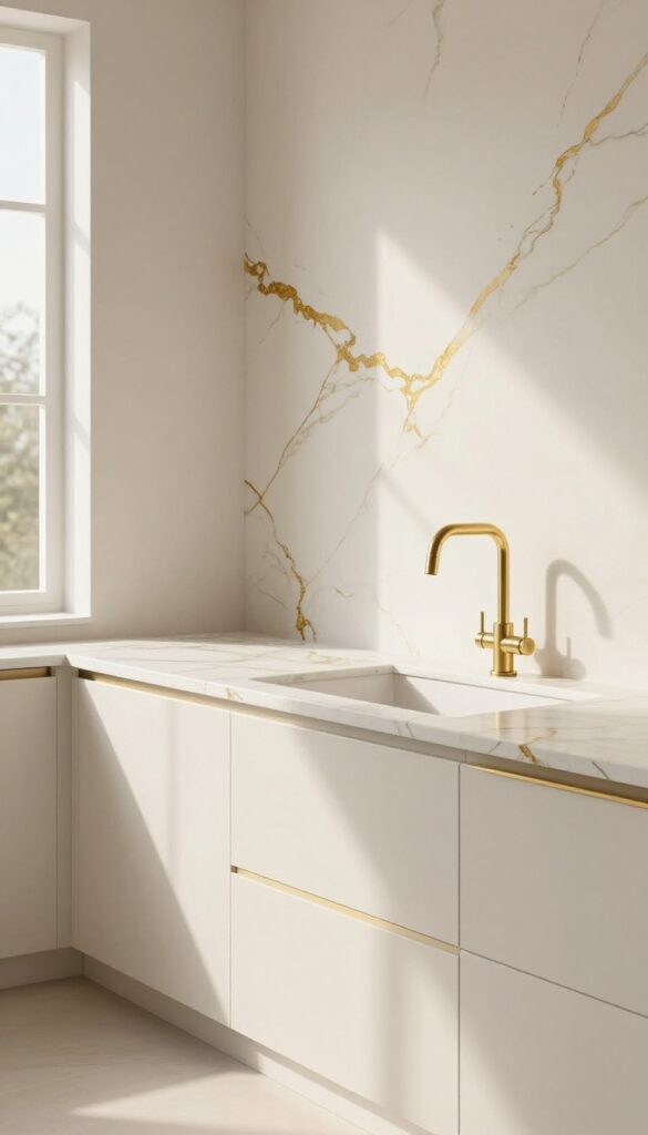 Calacatta Gold veined slab kitchen countertop with warm gold veins and bright natural light