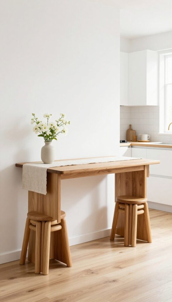 Drop-leaf table folded into slim console against kitchen wall with linen runner and flowers, stools tucked underneath.
