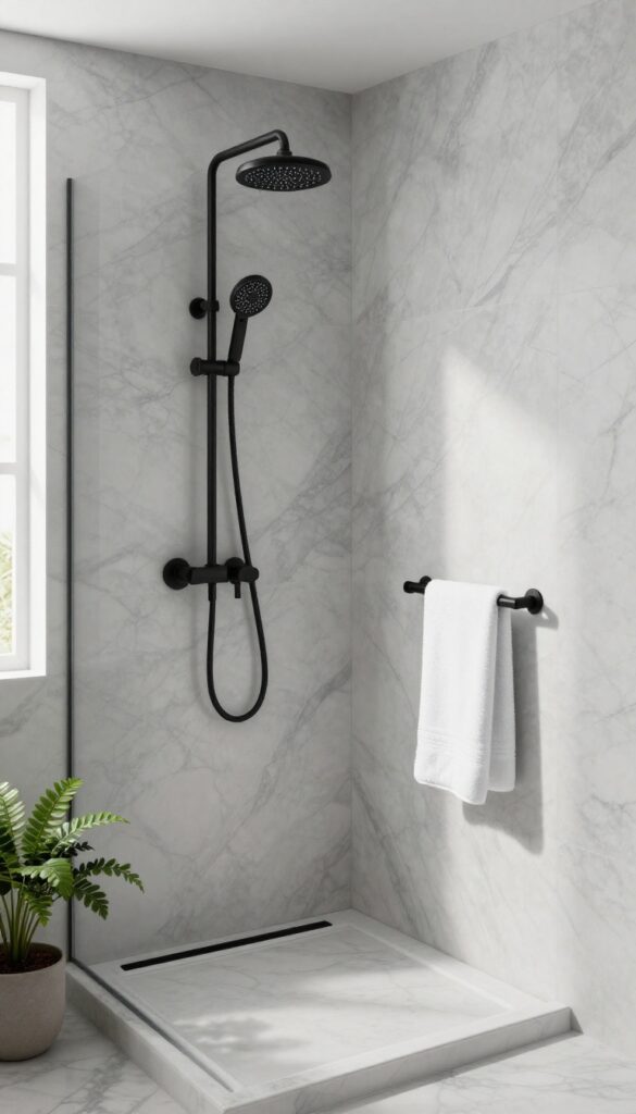 Gray marble walk-in shower with matte black hardware in bright natural light, showcasing a contemporary and luxurious bathroom design.