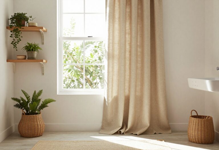 Boho bathroom with textured shower curtain, wooden shelves, plants, and natural light.