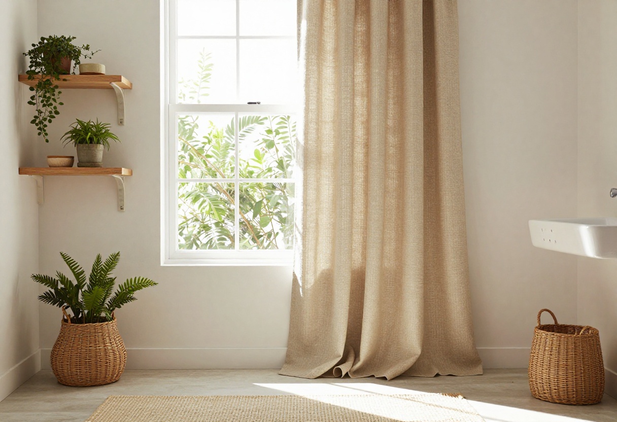 Boho bathroom with textured shower curtain, wooden shelves, plants, and natural light.