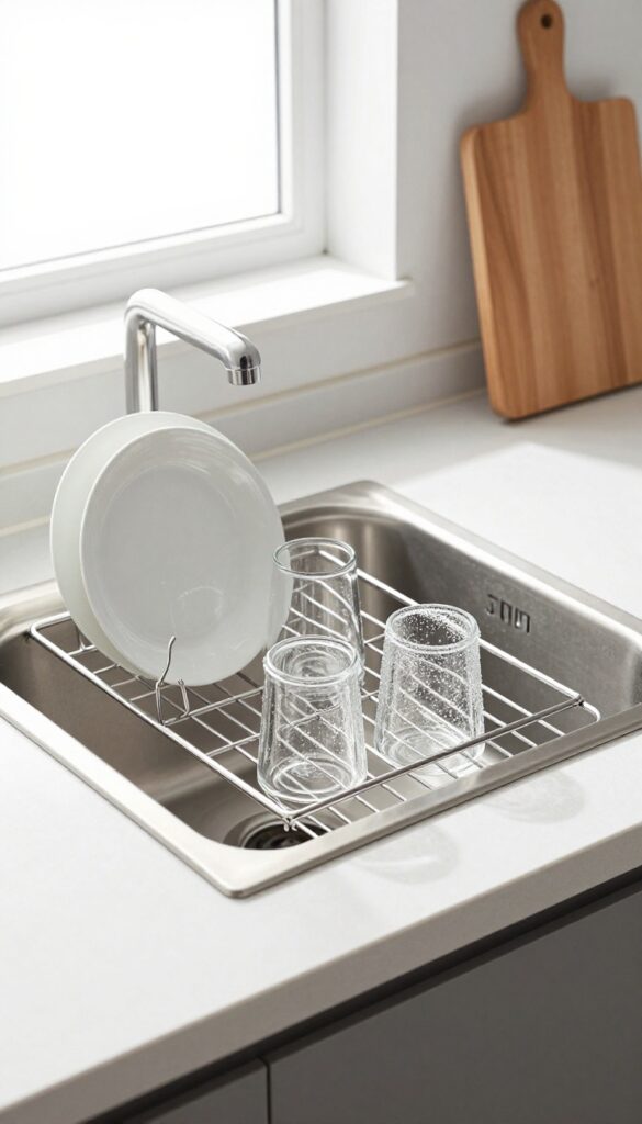 Over-the-sink drying rack in a small kitchen with dishes drying above the sink, counter clear and clutter-free.