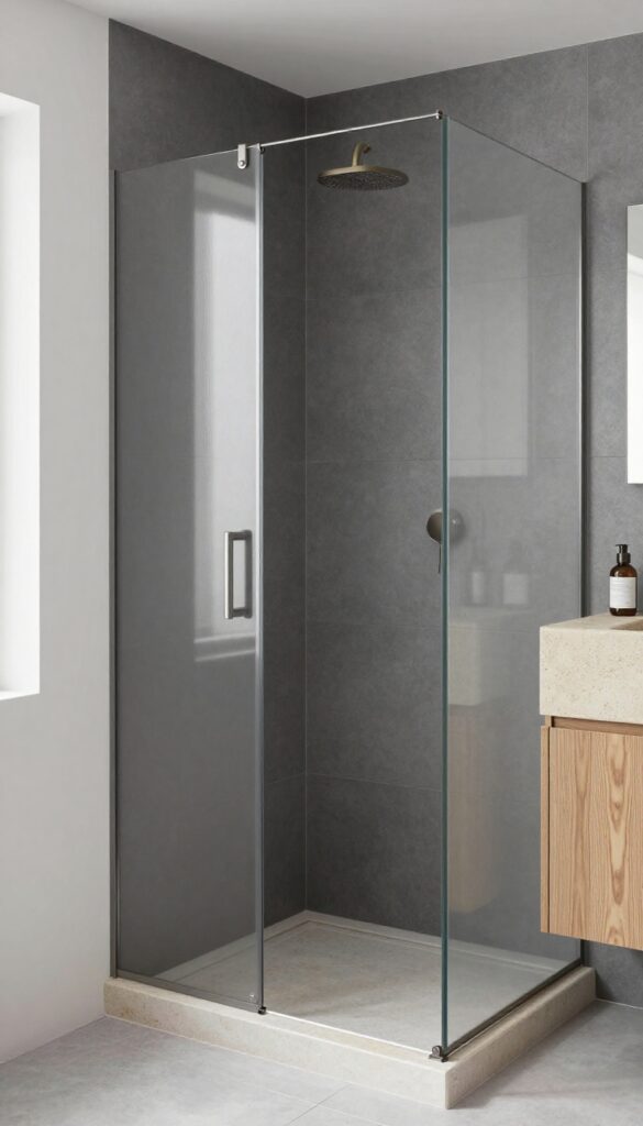 A small walk-in shower with no doors in a monochromatic gray color scheme, showcasing light gray matte floor tiles, glossy charcoal gray walls, stone shelves, wood-look accessories, brushed nickel fixtures, and soft lighting for a serene, spacious look.
