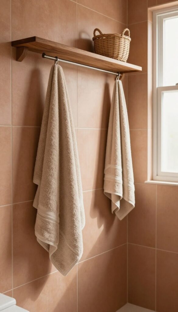 A cozy bathroom with a rainfall shower in warm earth tones, showcasing terracotta walls, sandy beige towels, and wooden textures for a calming, inviting retreat.