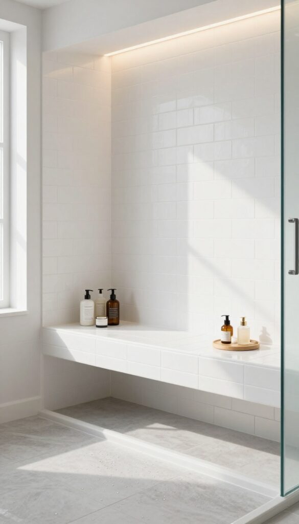 A curbless shower featuring a built-in tile bench and recessed storage niche with LED lighting, showcasing a clean, spa-like bathroom design for comfort and organization.