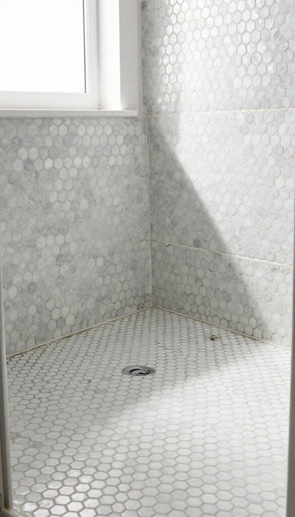 Hexagonal mosaic tile shower floor with white tiles and dark grout in a modern bathroom