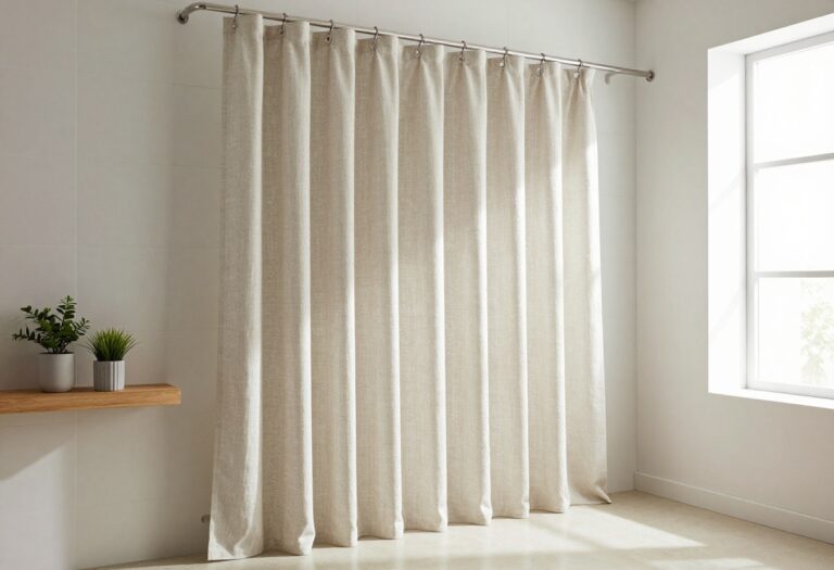 A serene modern bathroom with a long linen shower curtain in a neutral tone, showcasing a clutter-free, stylish decor setup with natural light and plants.