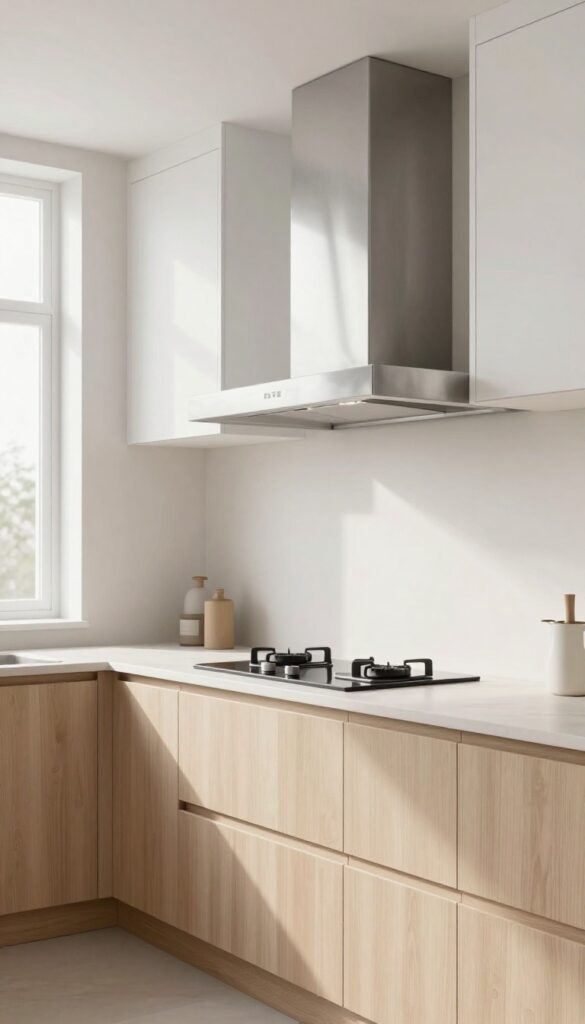 Slim under-cabinet vent hood in a bright, modern kitchen with white cabinets and natural light