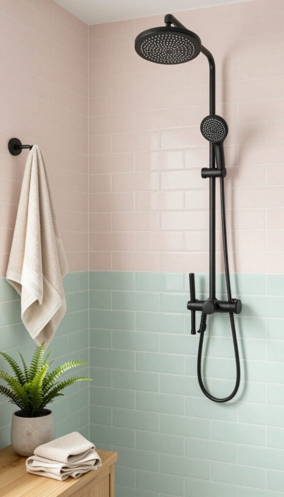 A shower with soft pastel subway tiles in blush pink or mint green and white grout, featuring matte black hardware and neutral fixtures under bright natural light.