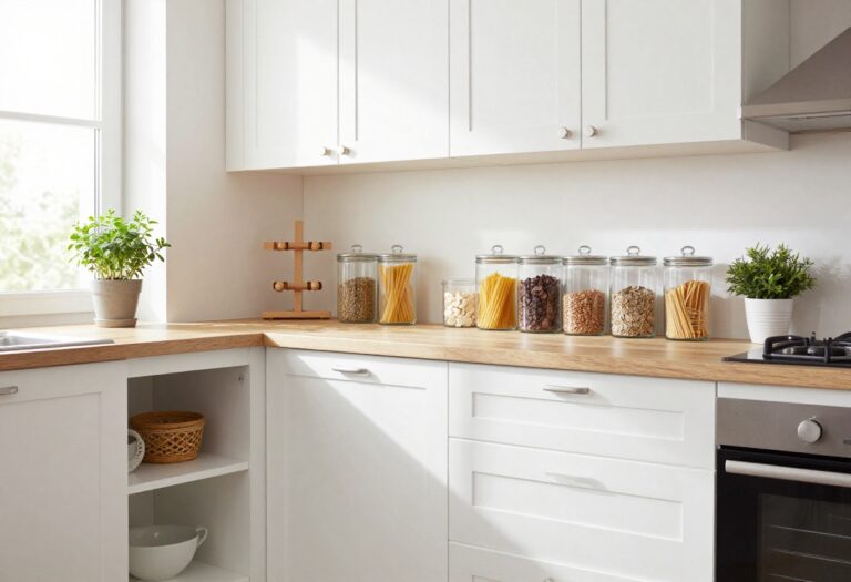 Small kitchen with open shelving, clear canisters, and a magnetic knife strip