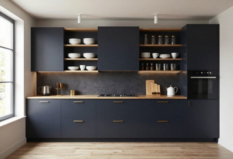 Beautiful dark kitchen with navy cabinets, black countertops, brass hardware, and open shelving