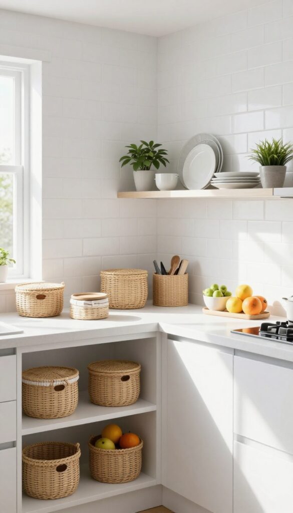 Open shelves with woven baskets for hidden storage in a bright modern kitchen