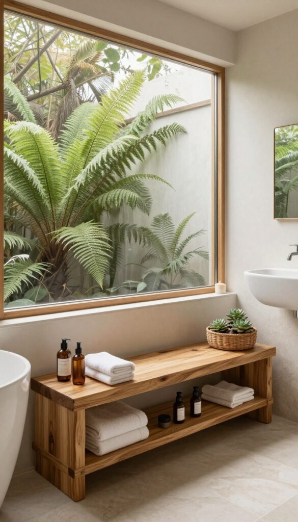A spa shower with wood accents including a teak bench and shelves, contrasting against ceramic tiles in bright natural light.