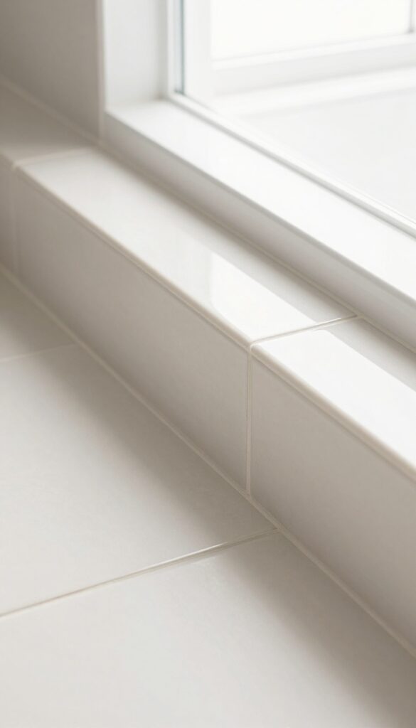 Close-up photo of a shower curb featuring mixed matte and glossy tiles for layered design interest in a bright, neutral bathroom.