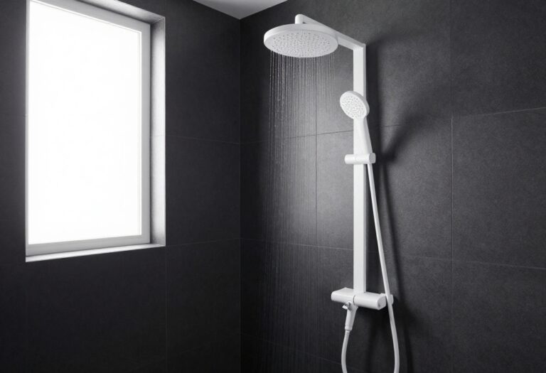 Modern bathroom with dark matte black shower tiles, rainfall showerhead, and minimalist white decor in a bright, airy space.