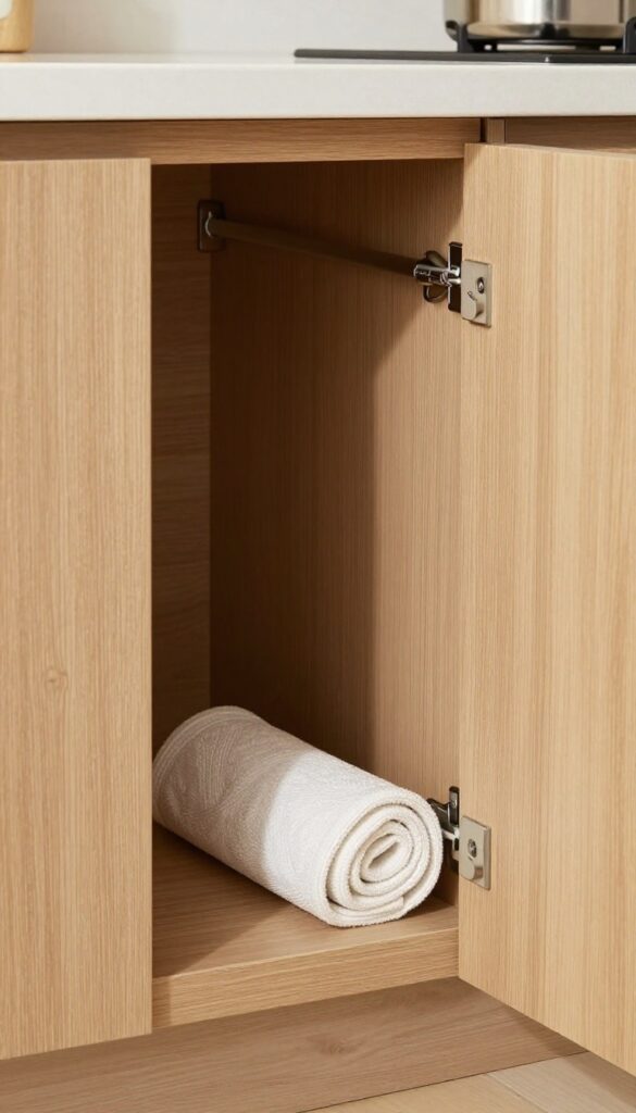 Open lower cabinet door with tension rod holding a rolled kitchen towel inside, showcasing hidden storage solution.