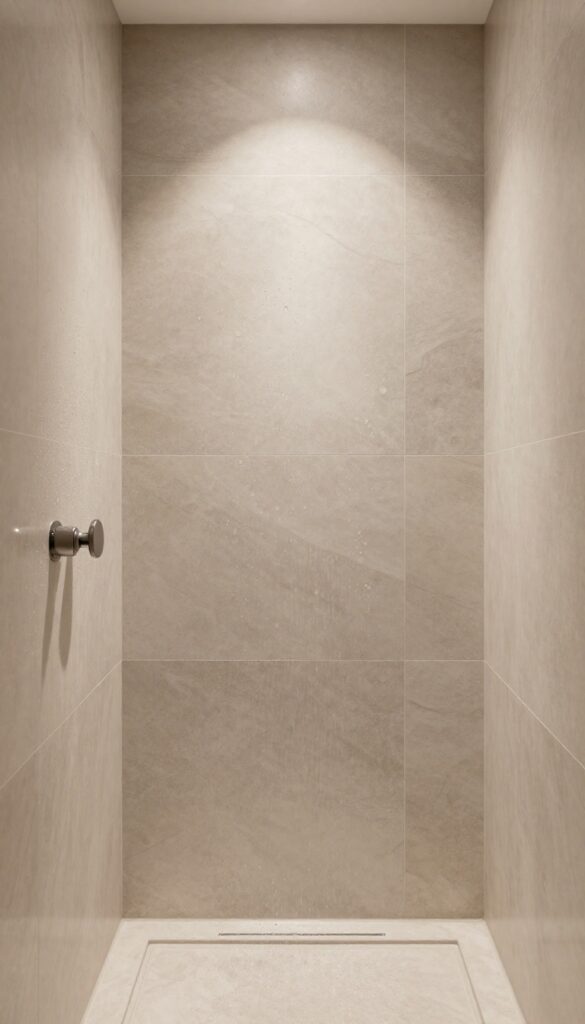 A steam shower with durable porcelain tiles and sealed stone finishes, showcasing water-resistant materials in a bright, luxurious bathroom setting.