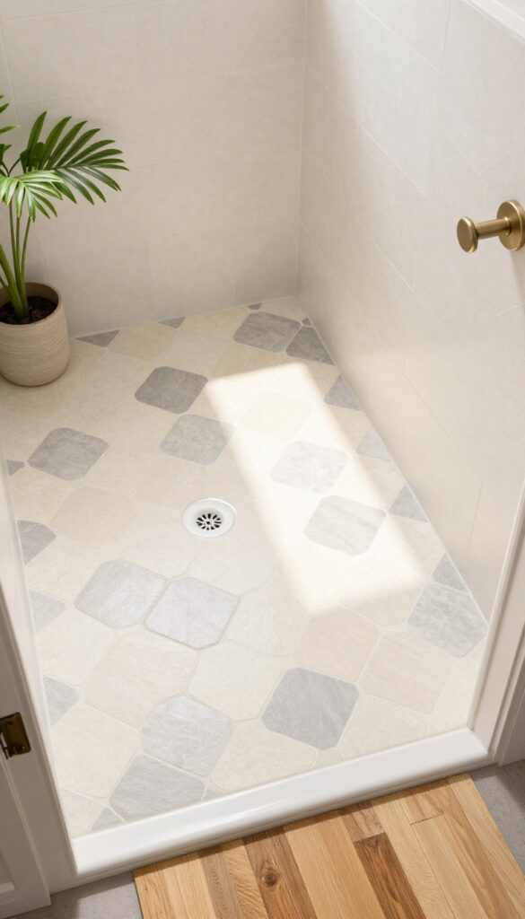 Hexagonal mosaic tiles in neutral tones on a shower floor, showcasing geometric texture and safety features in a polished bathroom setting.