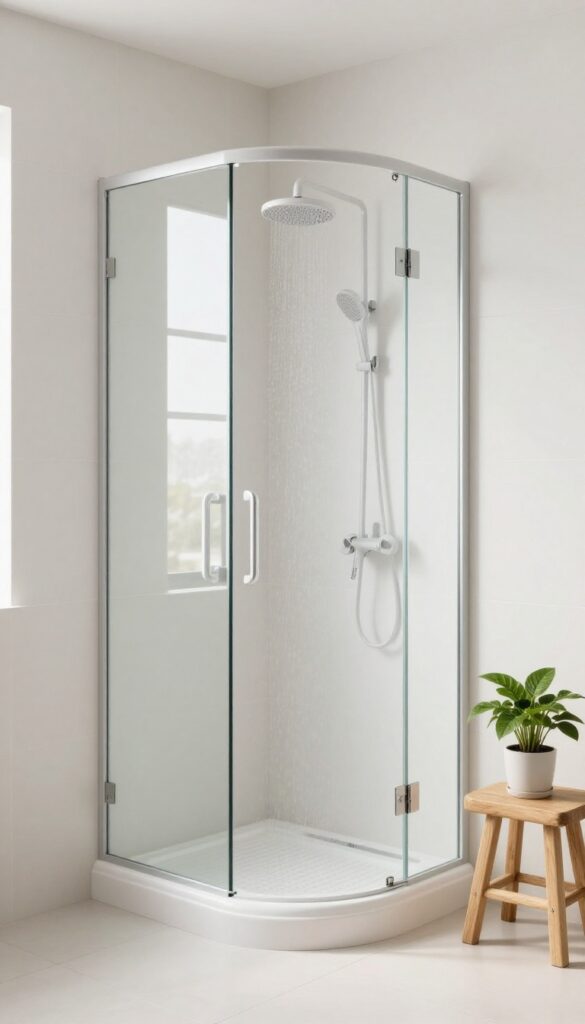 Modern bathroom with white acrylic shower pan, frameless glass enclosure, rainfall showerhead, and neutral tile walls.