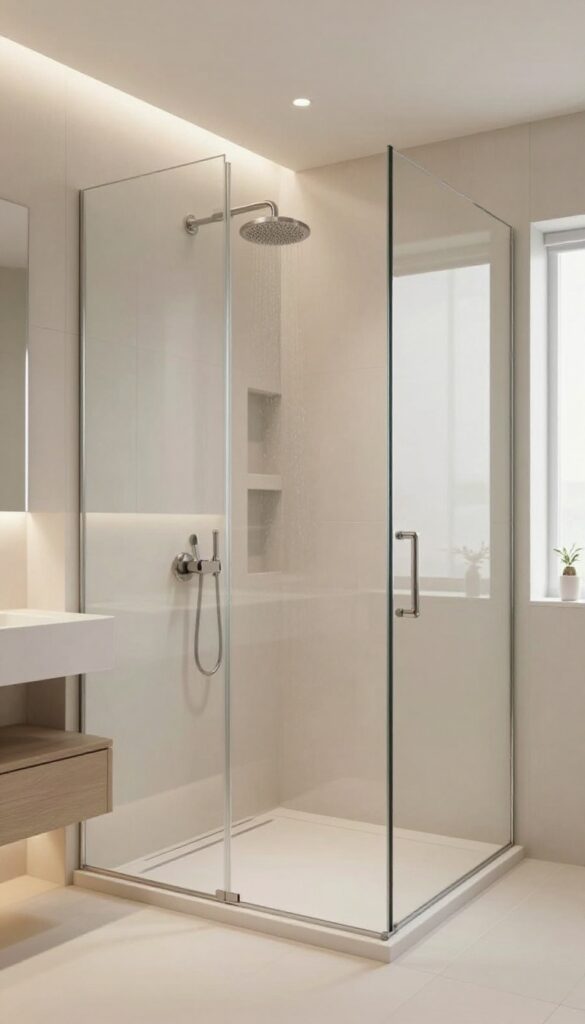 A bright and clean master shower with glass panels and neutral tiles, showcasing functional design considerations like storage niches and easy maintenance.