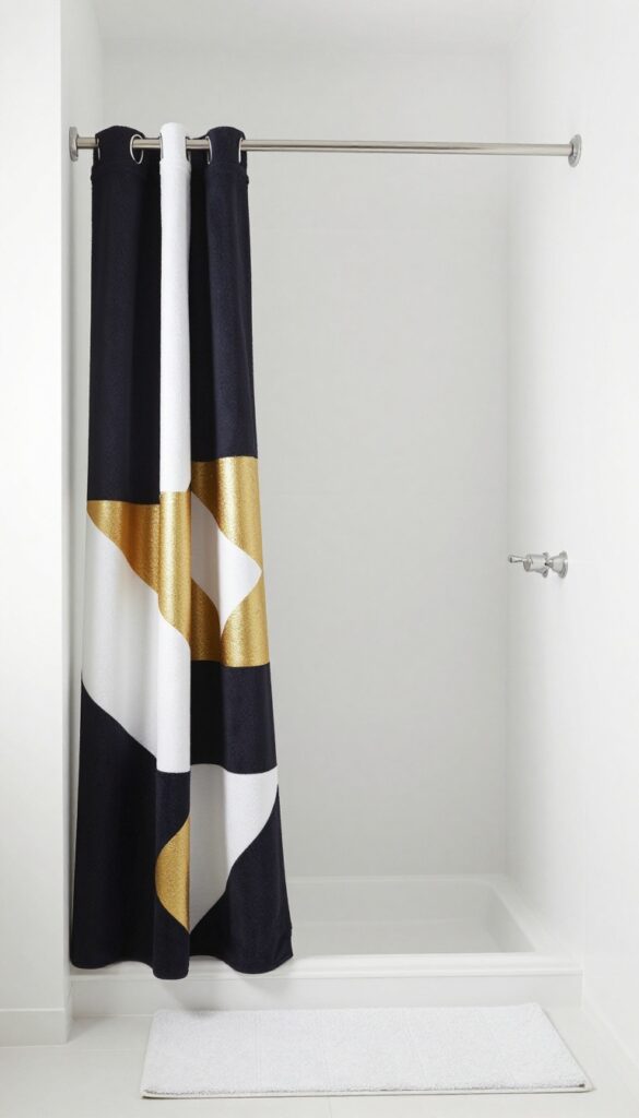 A modern bathroom with a bold geometric patterned shower curtain in contrasting colors, paired with solid accessories and metallic accents for a clean, eye-catching look.