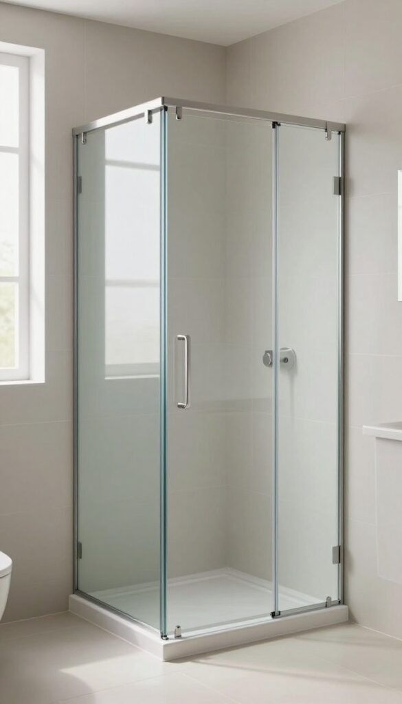 Corner glass shower with sliding door in a small bathroom, showcasing modern design and open layout to make the space feel bigger.