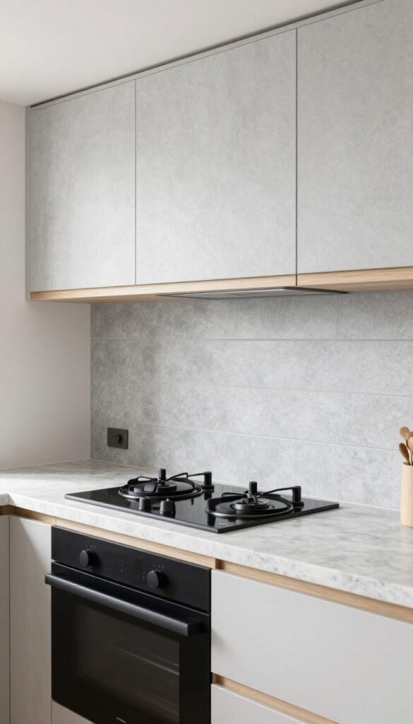 Modern kitchen with horizontal bead board backsplash, quartz countertops, matte black fixtures, and open shelving.