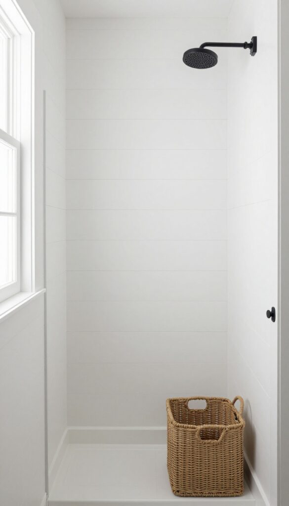 A farmhouse bathroom shower with white shiplap paneling on the walls, featuring matte black fixtures and woven baskets, in bright natural light.