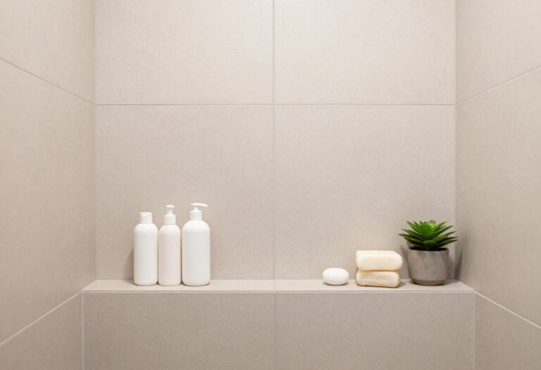 Modern bathroom shower with a tidy built-in tile niche holding toiletries and a plant, set against neutral tiles.