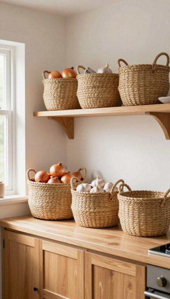 Open shelves with woven baskets for stylish kitchen storage