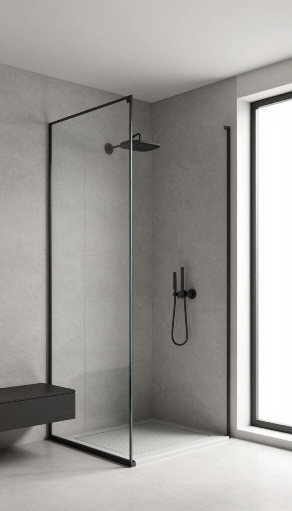 A modern bathroom showcasing a grey tile shower with a frameless glass enclosure, bright natural lighting, and minimalist decor for an airy and luxurious look
