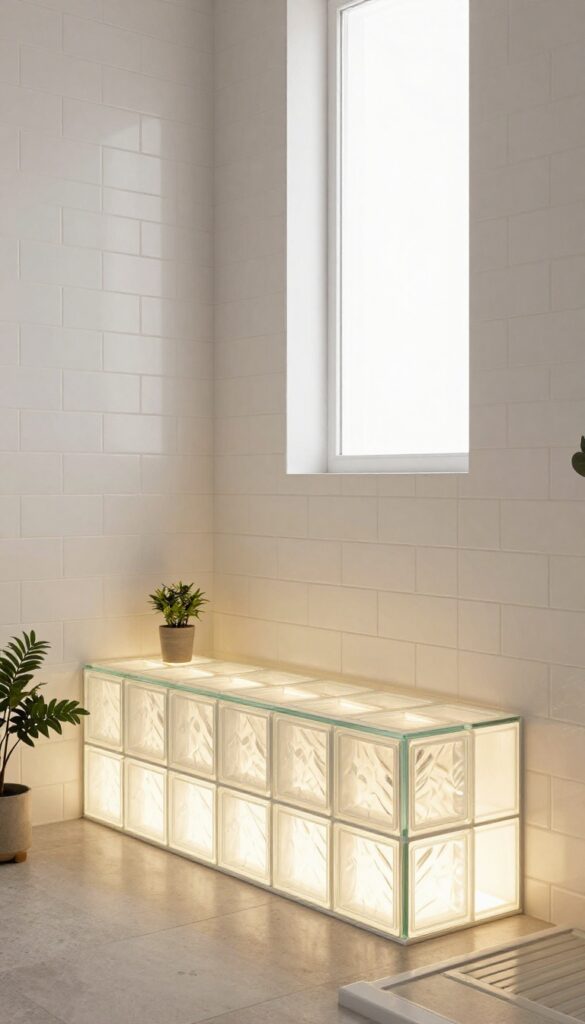 A built-in glass block bench in a shower, glowing with diffused light against neutral tiles and plants, creating a bright retro-modern bathroom atmosphere.