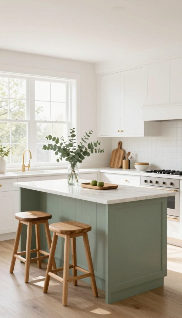 White kitchen with sage green island, marble countertop, wood stools, and eucalyptus vase.