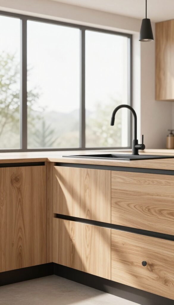 Warm wood cabinets with matte black hardware in a bright, modern kitchen