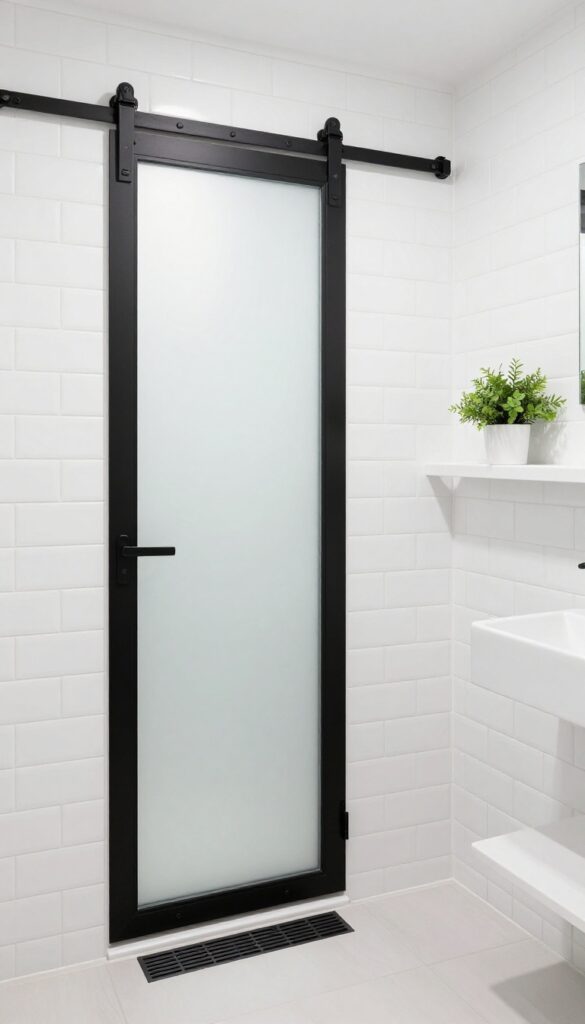 Black sliding barn door on a white shower with frosted glass, subway tile, and a small plant
