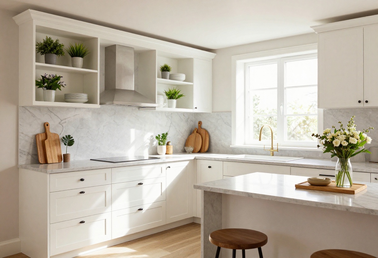 Bright small kitchen with open shelving, white cabinets, and natural light