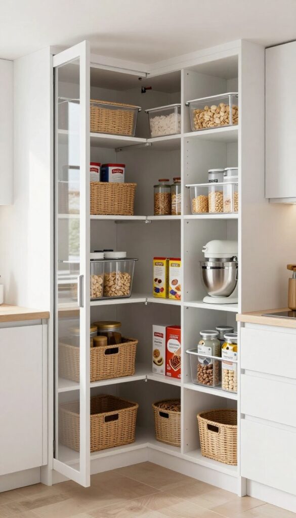 Pull-out corner pantry tower in a modern kitchen with organized shelves and bright natural light.