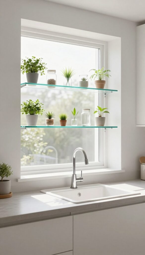 Glass shelves across a kitchen window with plants and jars, letting sunlight through.