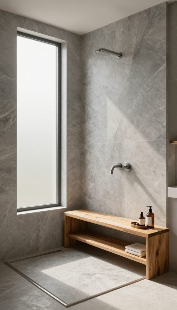 Luxurious shower with gray onyx walls and warm teak bench and cedar shelf, soft natural light, spa-like atmosphere