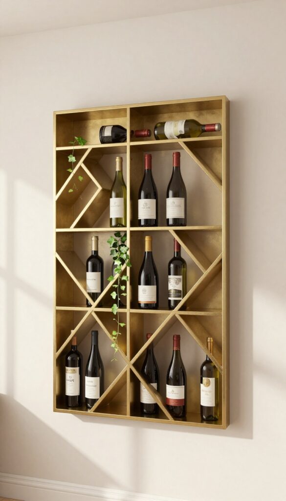 Open grid wine rack on kitchen wall with wine bottles and trailing ivy plant