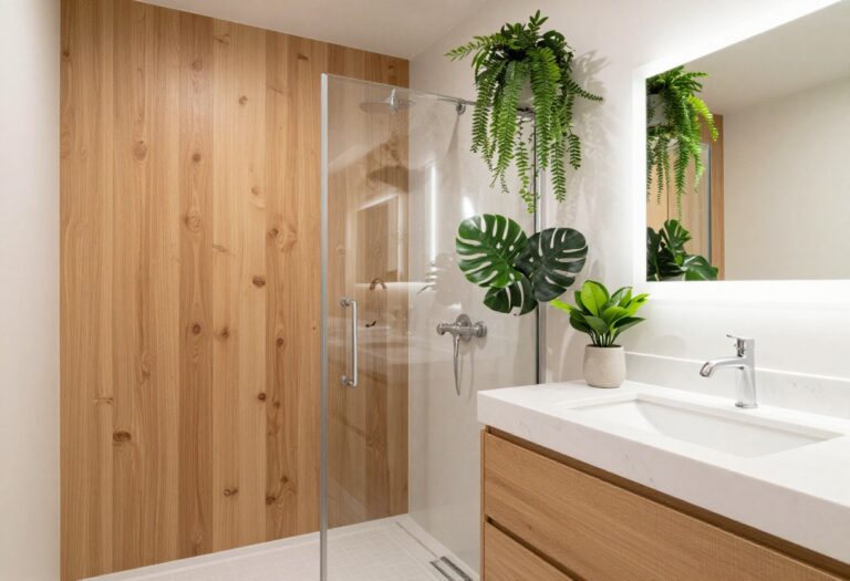 Stylish bathroom with a pony wall shower showcasing warm wood, soft lighting, and plants for a polished, cozy atmosphere.