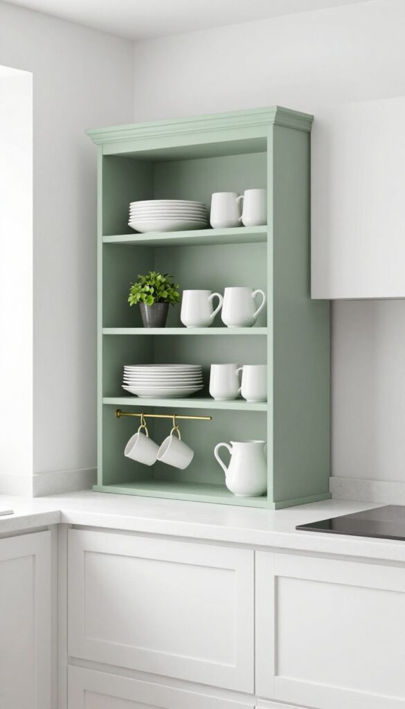 Repurposed bookshelf as kitchen hutch with dishes and hooks